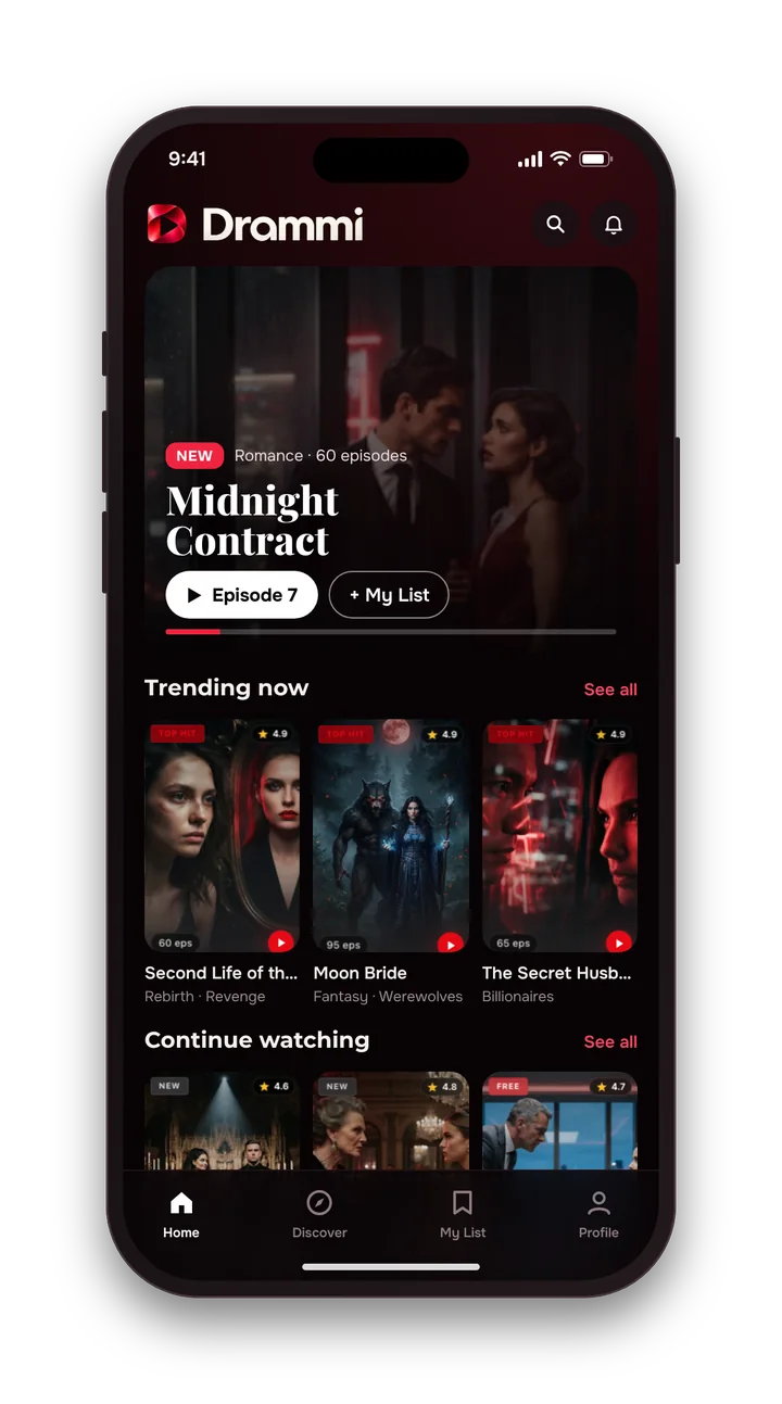 Drammi app home screen with trending short dramas